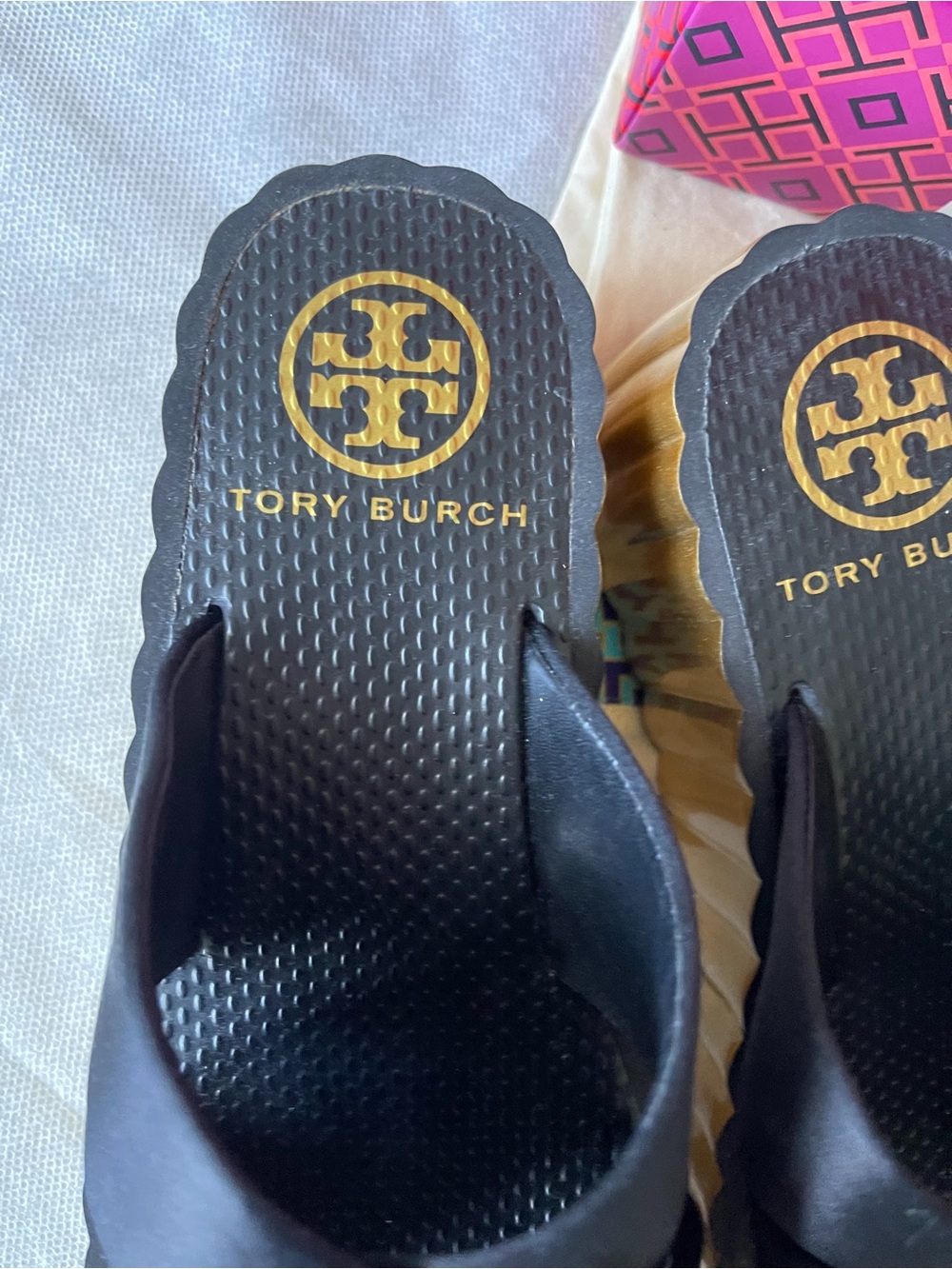 Tory Burch Black Satin Scallop Wedge Platform Cross-Strap Slide Sandals - Picture 8 of 14